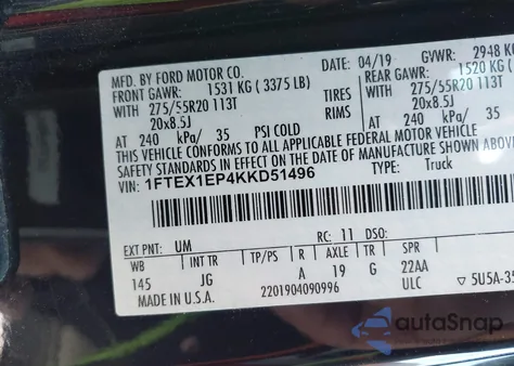 2019 Ford F-150 Xl from USA, damaged, VIN 1FTEX1EP4KKD51496